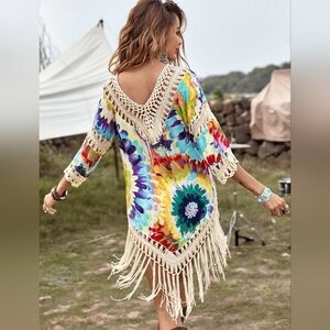 Boho Floral Print Crochet Trim Fringe Hem Cover Up Colorful Tie-Dye